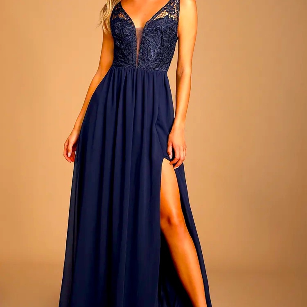 Lulu’s Navy Blue Melvina Lace Chiffon Long Dress